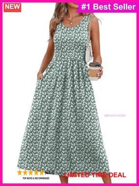 Womens Flowy Midi Dress Scoop Neck Sleeveless A-Line Beach Sundress Pockets